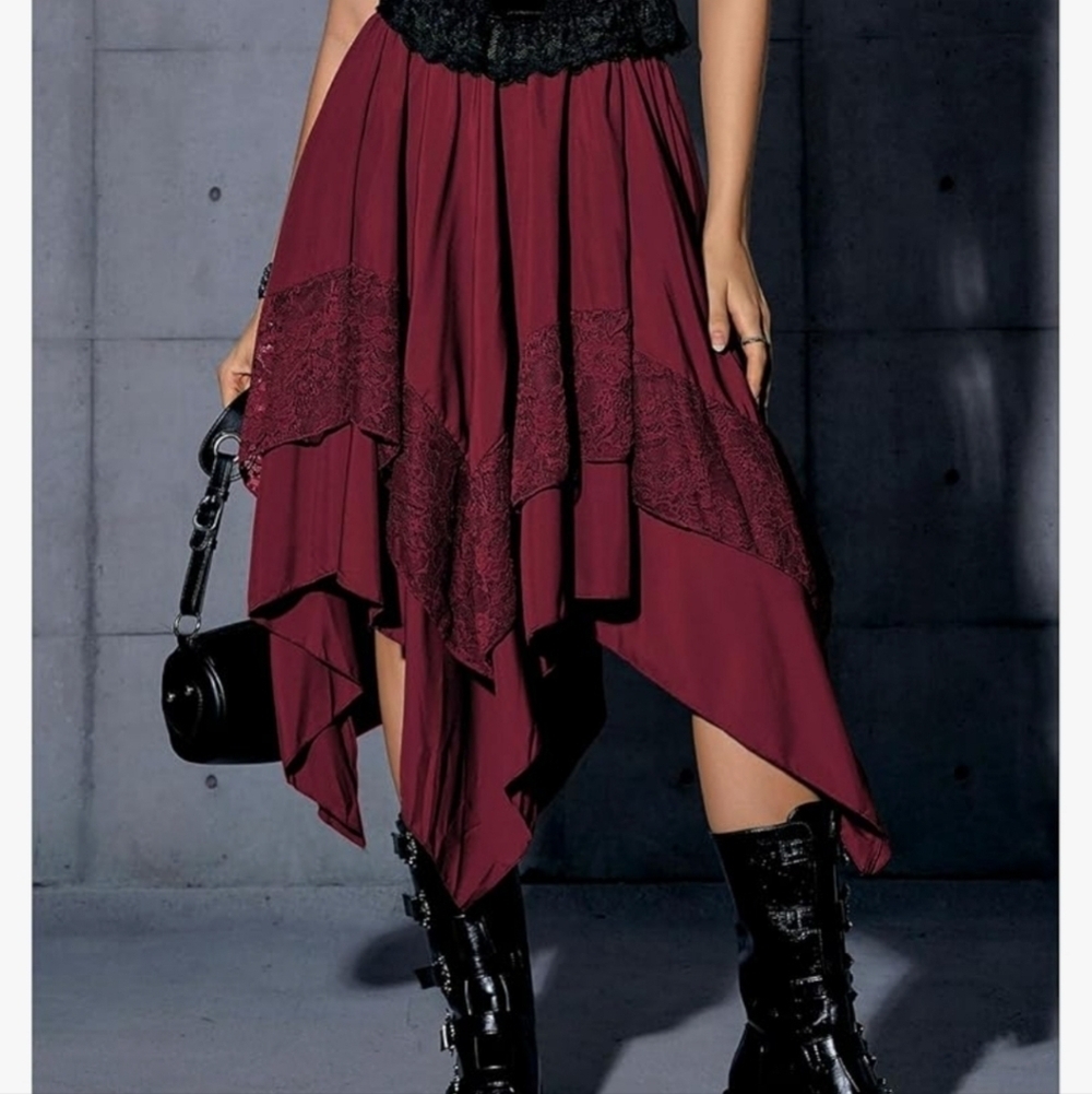 Burgundy Asymmetrical Hi Low Skirt With Lace Detail - Picture 6 of 16